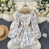 Floral Jumpsuit Women Ruched V Neck Puff Sleeve Office Rompers Autumn Boho Print Holiday Wide Leg Short