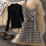 Houndstooth Sleeveless Vest Dress Women 2 Piece Set Elegant Belted Double Breasted Tank Dress Black Sweater Female
