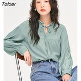Women Shirts 2022 Autumn Long Sleeve Pleated Drawstring Stand Collar Loose Blouse Green Chic Casual Streetwear
