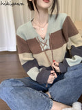 Striped Sweaters for Women V-neck Long Sleeve Jumper Pull Femme Y2k Tops Knitted Casual Cropped Pullovers Ropa