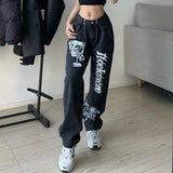Rockmore Gothic Street Jeans Women'S Low Waist Wide Leg Pants Y2K Print Baggy Casual Straight Cargo Denim Trousers Female
