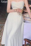 Women Summer Elegant Casual Midi White Dress Spaghetti Strap Vintage A-Line Fashion Party Vestidos Femme Prom Robe Clothes