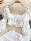Two Piece Set Women 2023 Summer New High Street Fashion Sexy French Outfits Navel Blouses + Solid Wild Ruffles