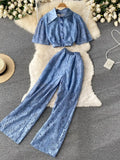Women Lace Two Piece Set Spring Summer Elegant Turn-Down Collar Single Breasted Short Tops + High Waist Wide Leg Pants Suits