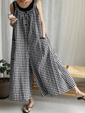 2022 Summer Fashion Women Vintage Plaid Long Jumpsuits Wide Leg Pants Sleeveless Casual Loose Playsuits Bohemian