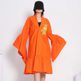Vintage Loose Dress For Women V Neck Flare Sleeve High Waist Embroidered Midi Dresses Female Summer Clothing