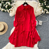 Version Of High-End Sense Polo Collar Shirt Women Autumn Three-Dimensional Flowers Loose Irregular Folding Tail Design