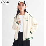 Women Coat 2023 Spring Long Sleeve Polo Neck Loose Sweatshirt with Zipper Embroidery Apricot Sport Casual Chic