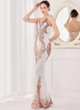 White Formal Sequin Sleeveless V-Neck Mermaid Evening