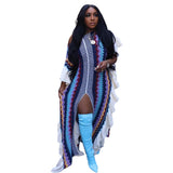Toloer New Women's Dress Flounce Knitted Striped Slit Dress-Outfit