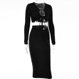 Spring Fall Sexy Bandage Maxi Skirt Suit Long Sleeves Hollow Out Top And Skirts Sets For WomenS Party Bodycon