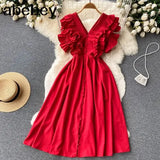 Loose Dress For Women V Neck Sleeveless High Waist Ruffle Trim Solid Midi Dresses Female Clothing Style