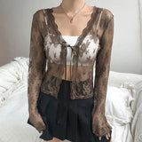 Rockmore Brown Mesh Transparent Tshirt Women Lace Up Cardigan Tops Short Sleeve Tees Shirts Streetwear Summer Sexy