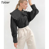 2021 Spring Casual Black Women Blouse Top Lantern Sleeve White Oversize Collar Shirt Office Ladies Ruffles Blouse