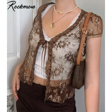 Rockmore Brown Mesh Transparent Tshirt Women Lace Up Cardigan Tops Short Sleeve Tees Shirts Streetwear Summer Sexy