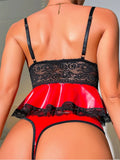 Red Pu Leather Deep Neck Lingerie Set-Outfit