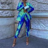 Fashion Tie Dye Blue Print Blzaer Suit Women Tracksuit Pants Set 2021 Y2K Long Sleeve Tops And Skinny Pants Two Piece