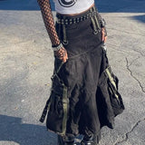 Rockmore Grunge Fairycore Cargo Skirts Women Goth Punk Bandage Long Skirt Y2K Aesthetic Chic Outfits Low Waist Maxi Skirt