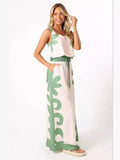 Women's Summer New Short Vest Print Tight Waist Broad Leg Trousers Two-Piece Set Casual