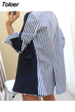 Fashion Women's Blazer New Notched Loose Double Breasted Spliced Striped Long Suit jackets Female Autumn 2023