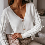 Sexy v-neck knitted women cardigan Casual solid white long sleeve sweater cardigan Elegant autumn ladies sweater