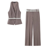 Temperament With Belt Striped Set 2025 Spring V Collar Vest High-Waisted Trousers