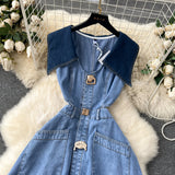 Large-Cuffless Vest Dress Women's Heart-Cuffed Long Retro Denim Dress