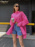 Autumn Loose Pink Office Women Shirt 2021 Elegant Long Sleeve Fashion Blouses Cotton Streetwear Solid Shirts Top
