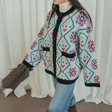 Korean Style Oversize Jacket Contrast Color Plaid Long Sleeve Knitted Sweater Cardigan Women Autumn Winter 2021 Outerwear