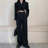 Piece Sets Womens Outfits Ladies Office Notched Collar Long sleeve Sexy Lace UP short Coat and High Waist Wide Leg Long