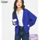 Women Cardigan 2022 Autumn Long Sleeve V Neck Loose Knitwear Klein Blue Geometric Jacquard Elegant