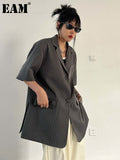 Women Gray Striped Big Size Casual Blazer New Lapel Short Sleeve Loose Fit Jacket Fashion Spring Summer 2023