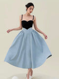 2023 Autumn Women's Dress New Fashion Beading Strap Slim Contrast Color Mid-calf A-line Dresses Elegant Female Tide