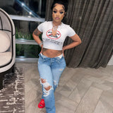 Slogan Print White Graphic T Shirts Sexy Summer Clothes for Women Street Fashion Deep V Short Sleeve Crop Top