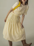 TWOTWINSTYLE Cut Out Yellow Dress For Women Round Neck Short Sleeve High Waist Solid Minimalist Summer Dresses Female