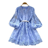 Sweet Court Style V-Neck Lantern Sleeve Embroidery Collection Thin Single Buckle A Word Elegant Dress
