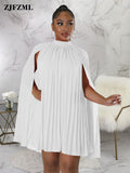 Fashion Solid Women Pleated Chiffon Dress Sexy Mock Necked Cloak Sleeve Robe Femme Classic Loose Party Clubwear
