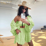 Casual Loose White Three Piece Sets Womens Outifits Fashion Long Sleeve Shirts + Tube Top Matching High Waist Shorts