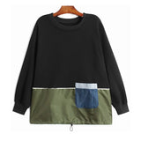 Women Army Green Pocket Big Size Casual T-shirt New Round Neck Long Sleeve Fashion Tide Spring Autumn 2023
