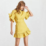 Casual Ruffles Women Dress O Neck Short Sleeve High Waist Lace Up Asymmetrical Mini Dresses Female Fashion