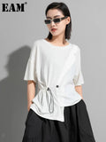 Women White Irregular Drawstring Big Size T-shirt New Round Neck Short Sleeve Fashion Tide Spring Summer 2023