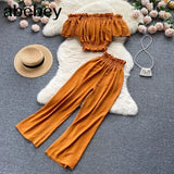 Summer Green/Black/Red Two Piece Set Women Sexy Slash Neck Short Tops + High Waist Wide Leg Pants Female Suit