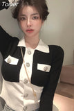 Cropped Cardigan Women Temperament Knitted Sweater Turn-down Collar Long Sleeve Sueter Mujer Contrast Color Coat