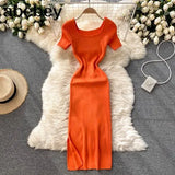 Women Slim Knitted Dress Square Collar Short Sleeve Elastic Bodycon Dresses 2022 Summer Streetwear Sexy Split