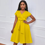 V-Neck Solid Color Waist Bow Tie With Large Swing Dress Dress Dress Dress Dress