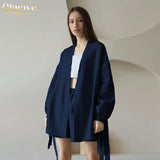 Autumn Lace-Up Robes Tops Two Pieces Set Womens Casual Loose High Wiast Shorts Set Elegant Pink Home Suit With