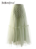 Solid Patchwork Sheer Mesh Skirt For Women High Waist Elegant Midi Skirts Female Clothing Summer Fashion New
