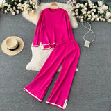 Women Casual Knitted Suits O Neck Long Knit Top+Split Wide Leg Pant Female Fashion OL Sweater Two Pieces