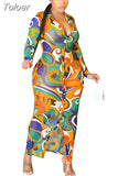 Fashion Print Mesh Sheer Bodycon Dresses for Women 2023 Fall Sexy Nightclub Button Up Long Sleeve Maxi Dress