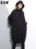 2023 New Spring Autumn Stand Collar Long Sleeve Perspective Black Loose Tassels Big Size Dress Women Fashion Tide